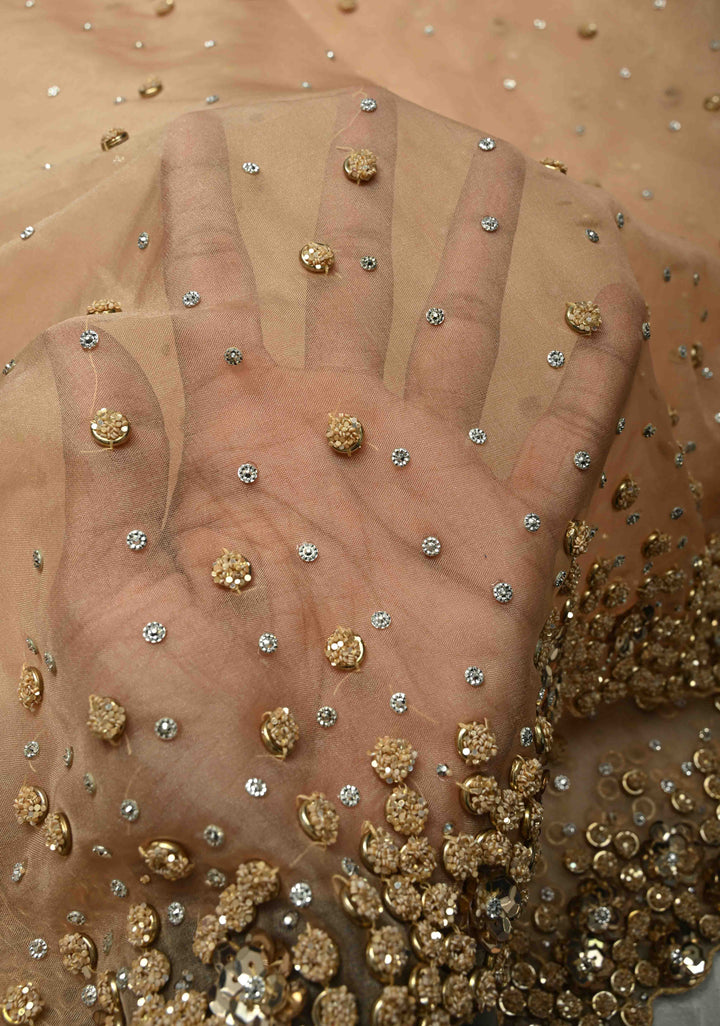 Chiku Color Embellished Organza Saree with Stone, Sequins and Contemporary Scallop Border