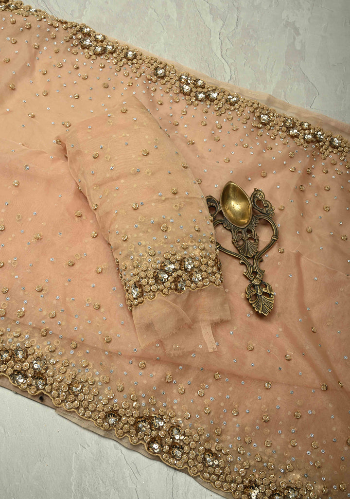 Chiku Color Embellished Organza Saree with Stone, Sequins and Contemporary Scallop Border