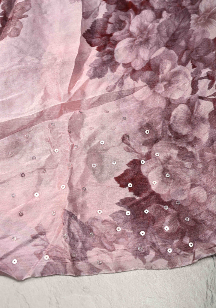 Baby Pink Satin Georgette Saree Floral Digital Print and Sequins