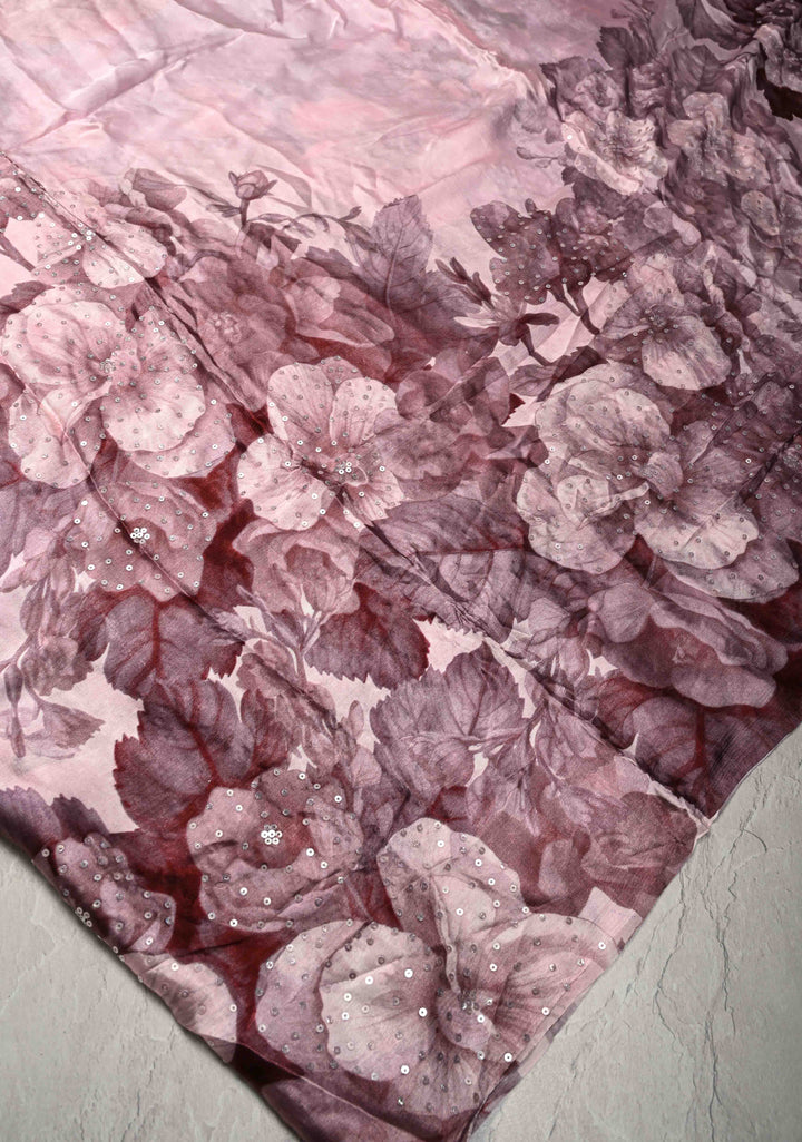 Baby Pink Satin Georgette Saree Floral Digital Print and Sequins