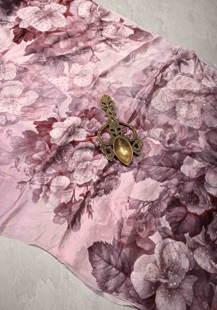 Baby Pink Satin Georgette Saree Floral Digital Print and Sequins