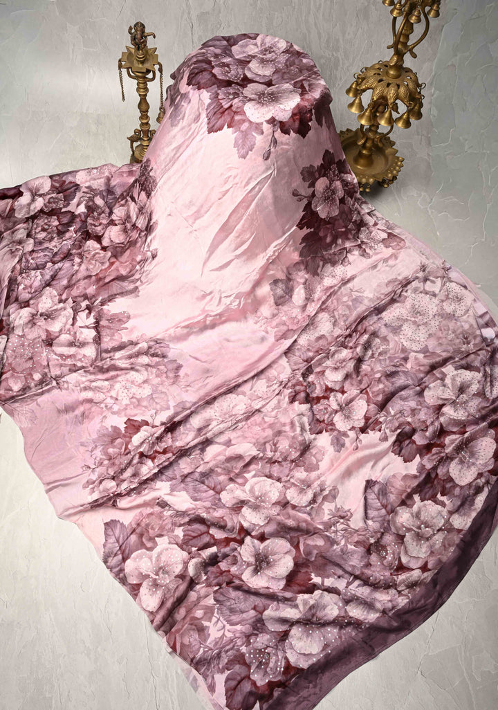 Baby Pink Satin Georgette Saree Floral Digital Print and Sequins