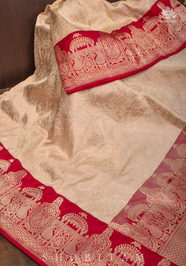Exquisite Celebrity Brocade Banarasi Pure Katan Silk Saree in Ivory, Red & Gold with Dome Shaped Kadhiyal Borders, Grand Pallu and Zari | SILK MARK CERTIFIED