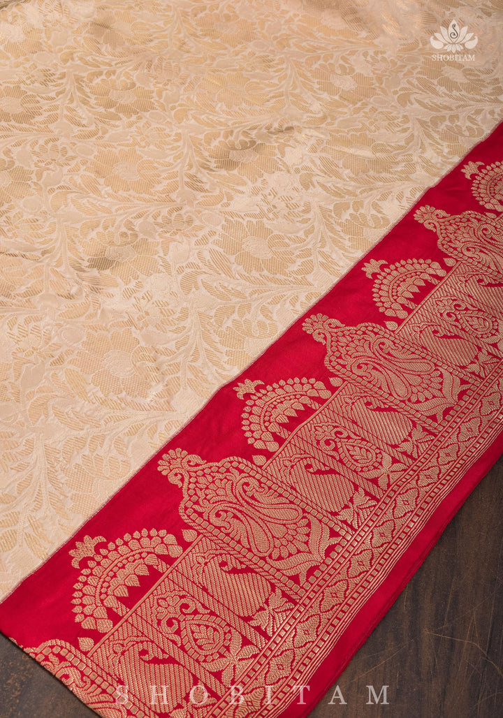 Exquisite Celebrity Brocade Banarasi Pure Katan Silk Saree in Ivory, Red & Gold with Dome Shaped Kadhiyal Borders, Grand Pallu and Zari | SILK MARK CERTIFIED