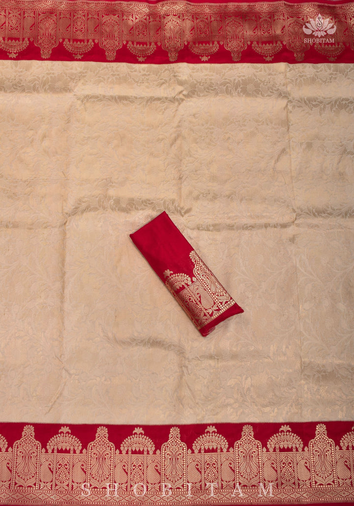 Exquisite Celebrity Brocade Banarasi Pure Katan Silk Saree in Ivory, Red & Gold with Dome Shaped Kadhiyal Borders, Grand Pallu and Zari | SILK MARK CERTIFIED