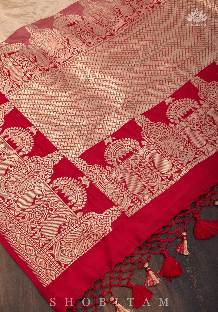Exquisite Celebrity Brocade Banarasi Pure Katan Silk Saree in Ivory, Red & Gold with Dome Shaped Kadhiyal Borders, Grand Pallu and Zari | SILK MARK CERTIFIED