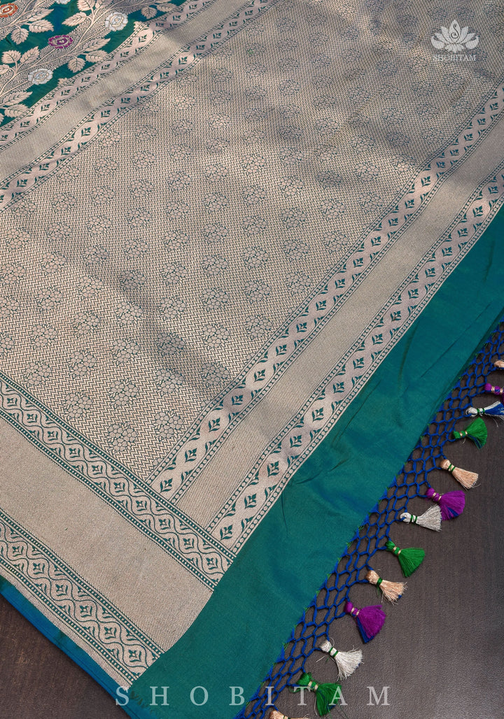 Meenakari Rose Creeper Jaal on Purple Katan Silk Banarasi Saree in Dual tone Blue Green | SILK MARK CERTIFIED