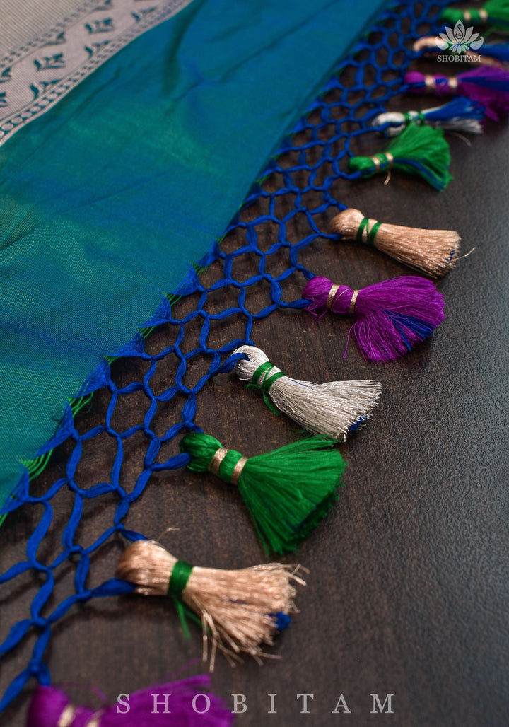 Meenakari Rose Creeper Jaal on Purple Katan Silk Banarasi Saree in Dual tone Blue Green | SILK MARK CERTIFIED