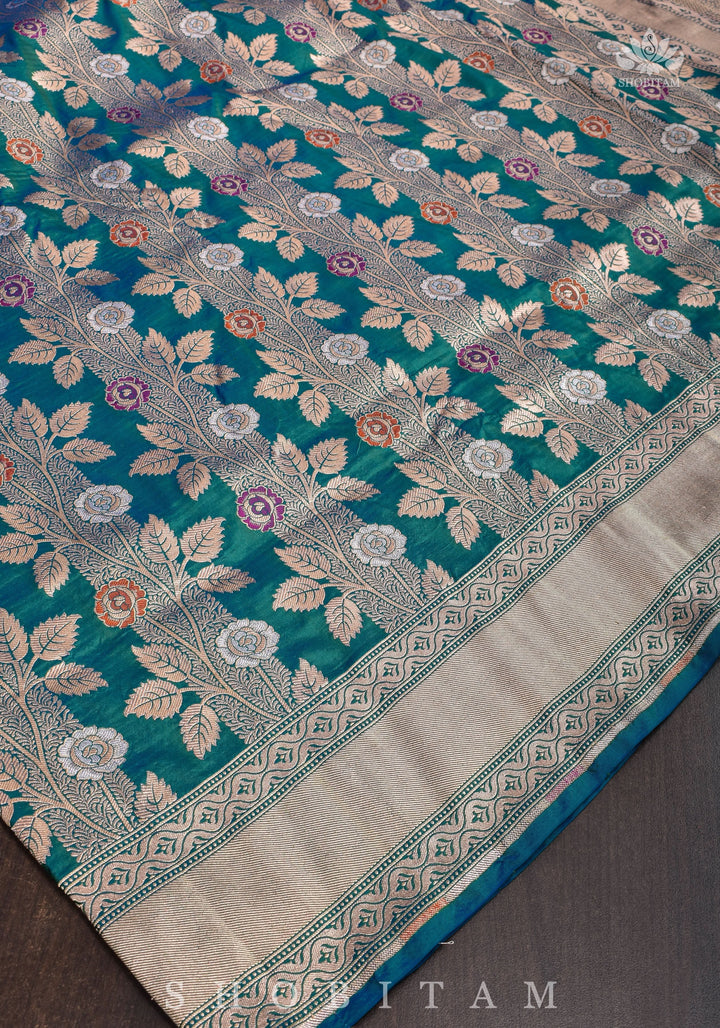 Meenakari Rose Creeper Jaal on Purple Katan Silk Banarasi Saree in Dual tone Blue Green | SILK MARK CERTIFIED