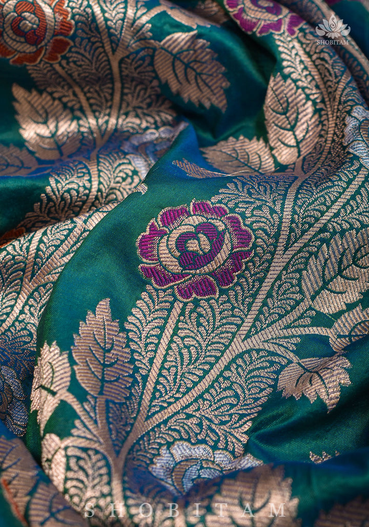 Meenakari Rose Creeper Jaal on Purple Katan Silk Banarasi Saree in Dual tone Blue Green | SILK MARK CERTIFIED