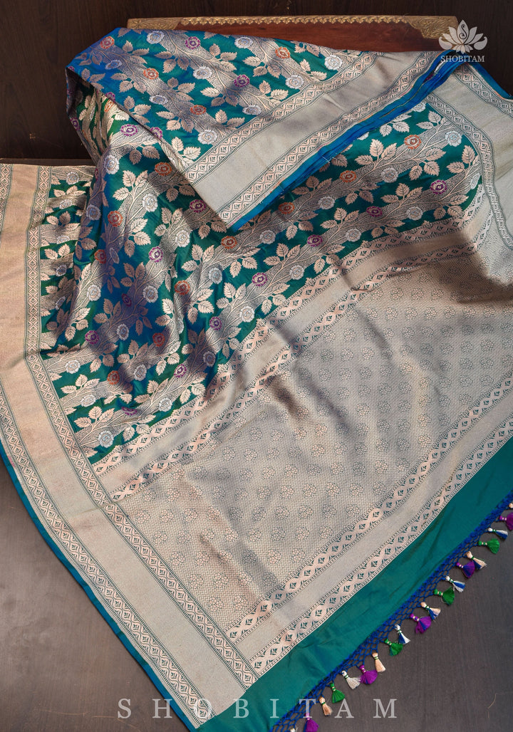 Meenakari Rose Creeper Jaal on Purple Katan Silk Banarasi Saree in Dual tone Blue Green | SILK MARK CERTIFIED