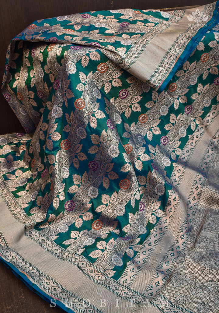 Meenakari Rose Creeper Jaal on Purple Katan Silk Banarasi Saree in Dual tone Blue Green | SILK MARK CERTIFIED