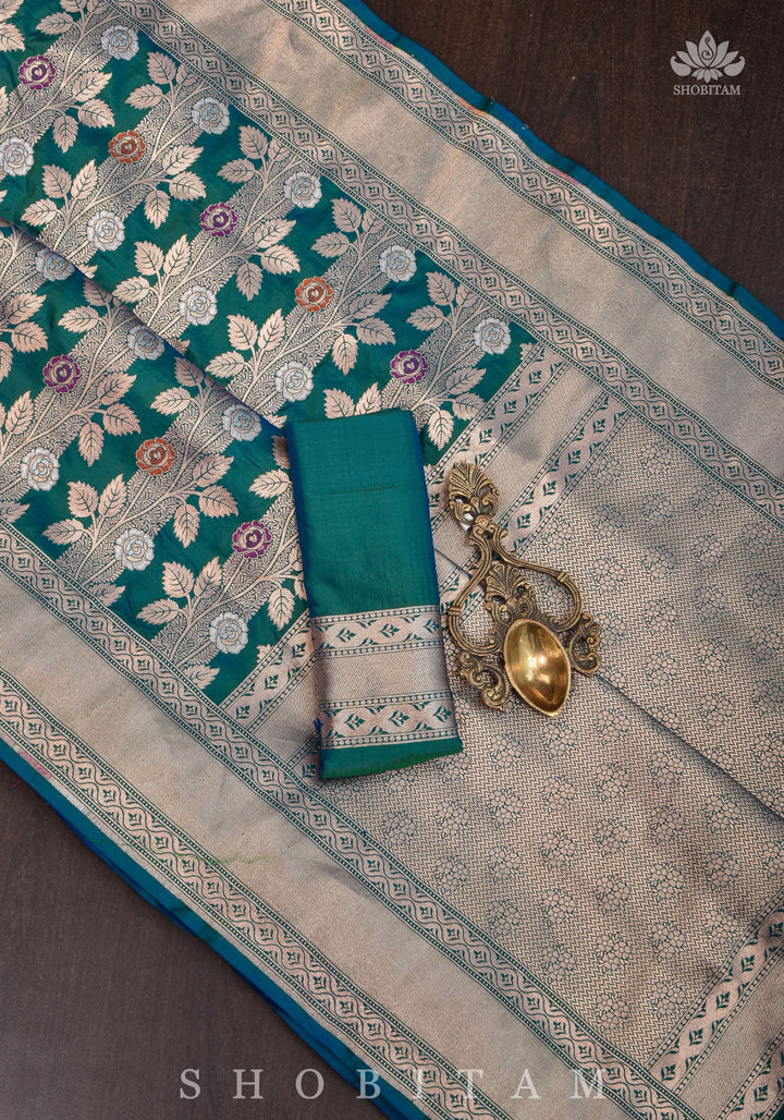 Meenakari Rose Creeper Jaal on Purple Katan Silk Banarasi Saree in Dual tone Blue Green | SILK MARK CERTIFIED