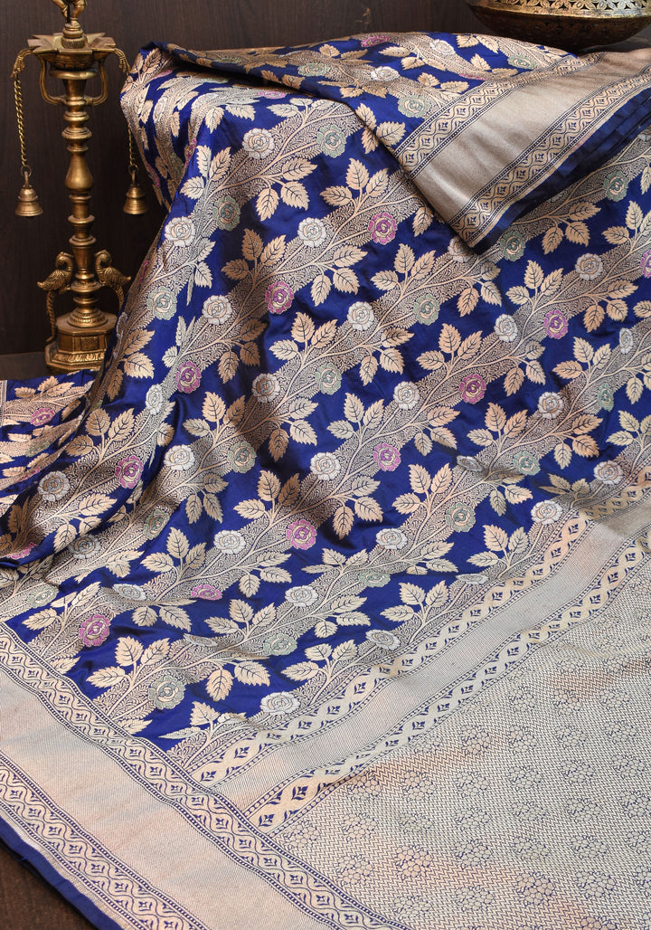 Katan Silk Banarasi Saree in Blue with Meenakari Rose Creeper Jaal  | SILK MARK CERTIFIED