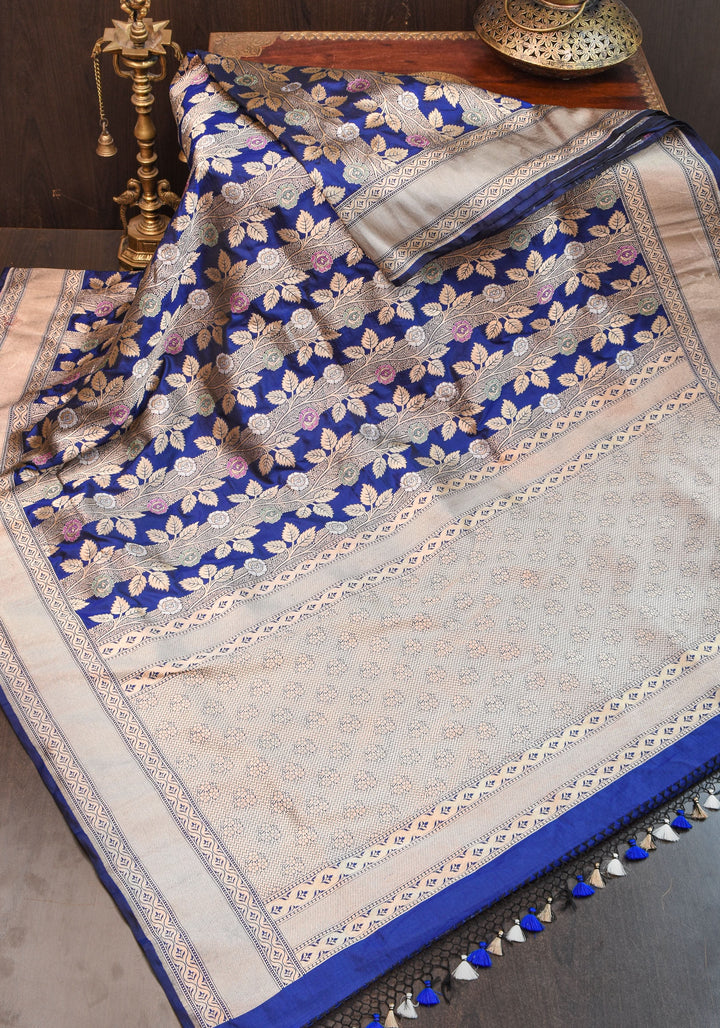 Katan Silk Banarasi Saree in Blue with Meenakari Rose Creeper Jaal  | SILK MARK CERTIFIED