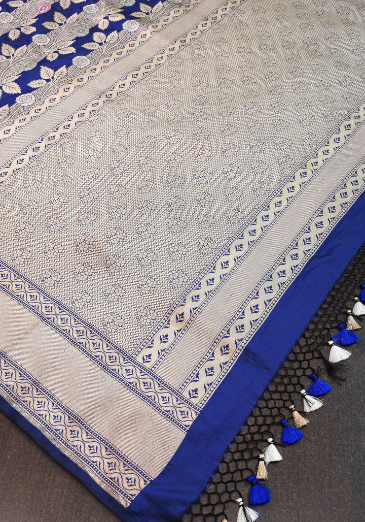 Katan Silk Banarasi Saree in Blue with Meenakari Rose Creeper Jaal  | SILK MARK CERTIFIED