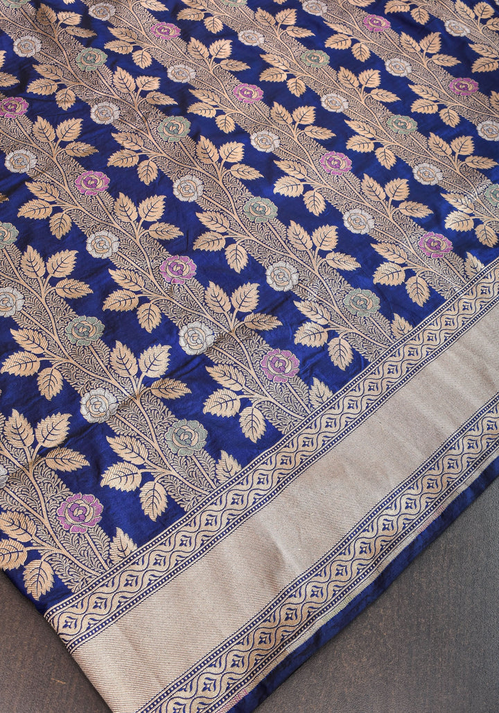 Katan Silk Banarasi Saree in Blue with Meenakari Rose Creeper Jaal  | SILK MARK CERTIFIED
