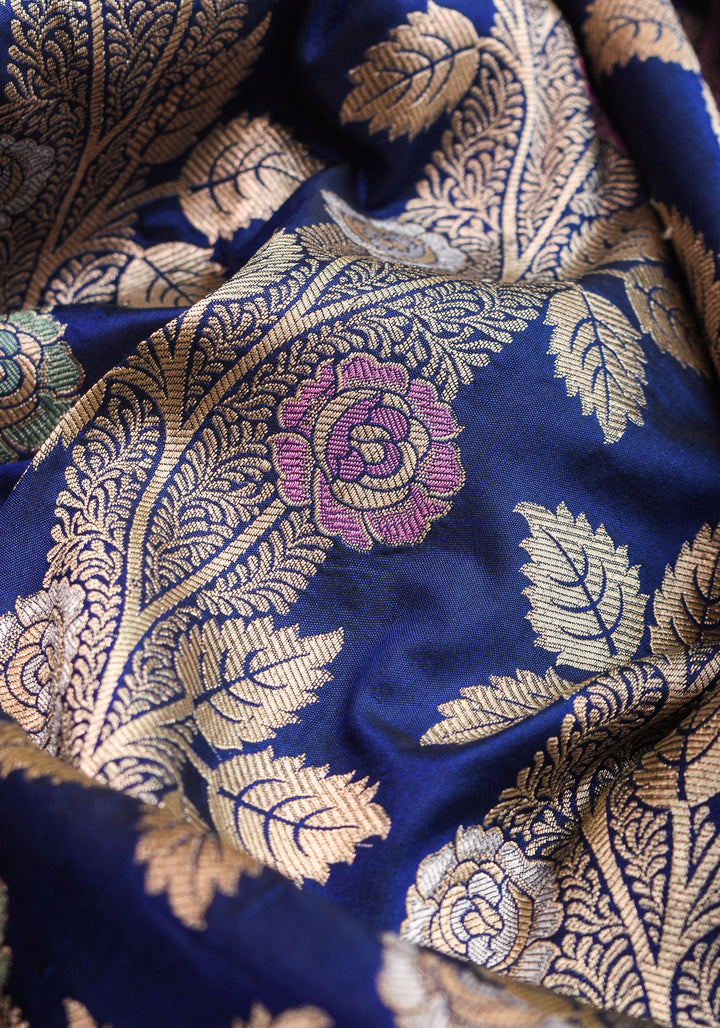 Katan Silk Banarasi Saree in Blue with Meenakari Rose Creeper Jaal  | SILK MARK CERTIFIED