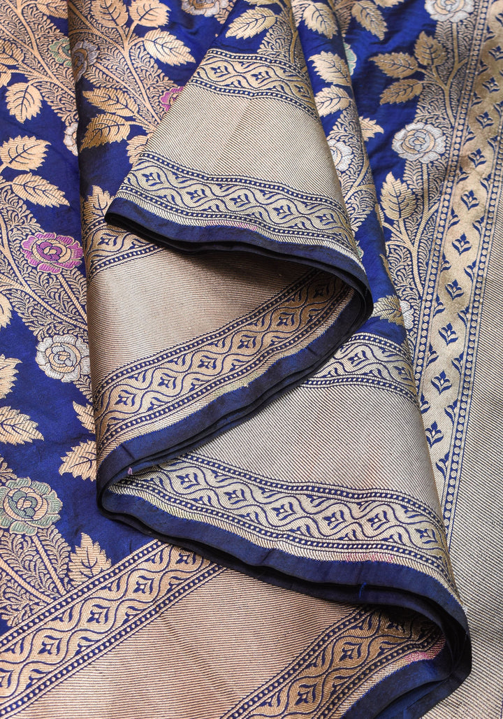 Katan Silk Banarasi Saree in Blue with Meenakari Rose Creeper Jaal  | SILK MARK CERTIFIED