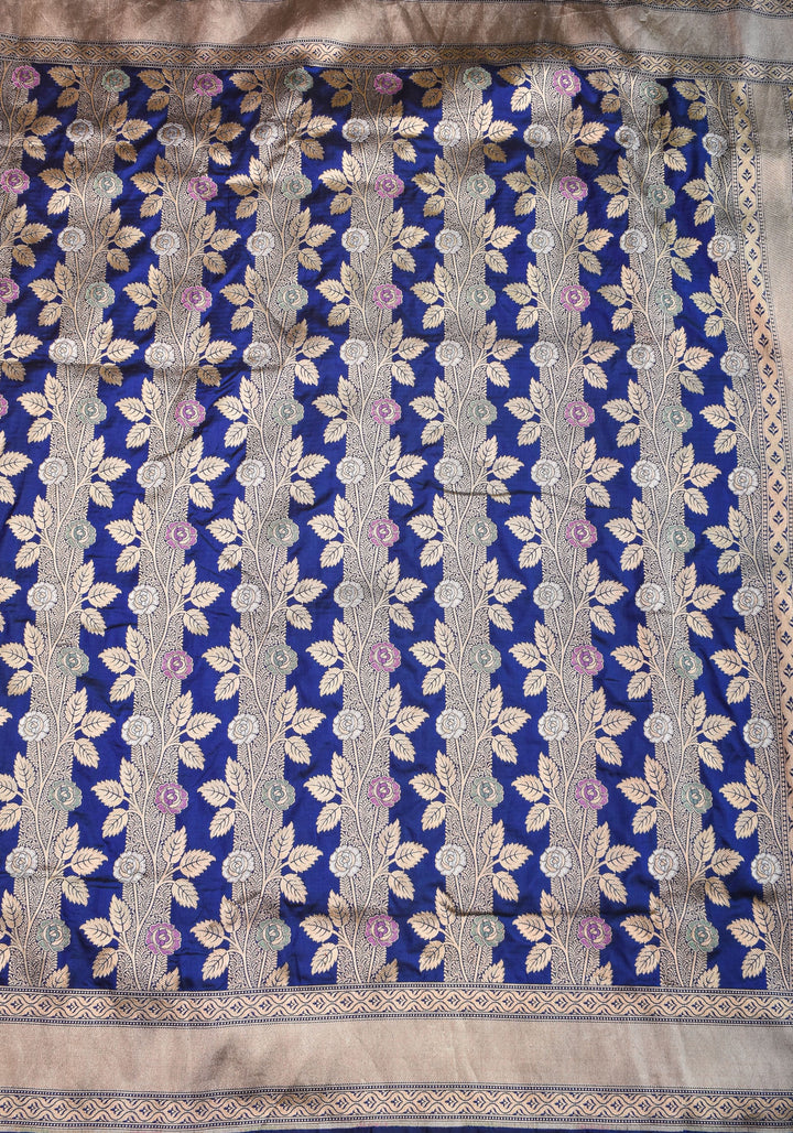 Katan Silk Banarasi Saree in Blue with Meenakari Rose Creeper Jaal  | SILK MARK CERTIFIED