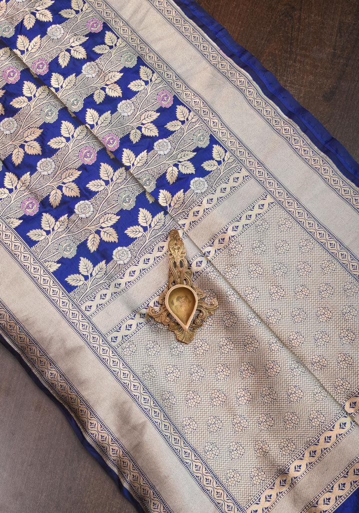 Katan Silk Banarasi Saree in Blue with Meenakari Rose Creeper Jaal  | SILK MARK CERTIFIED