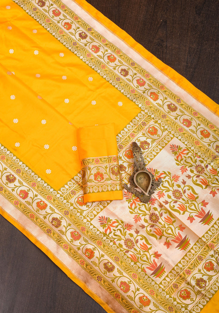 Exquisite Banarasi Katan Silk Saree in Yellow with Paithani Style Border | SILK MARK CERTIFIED