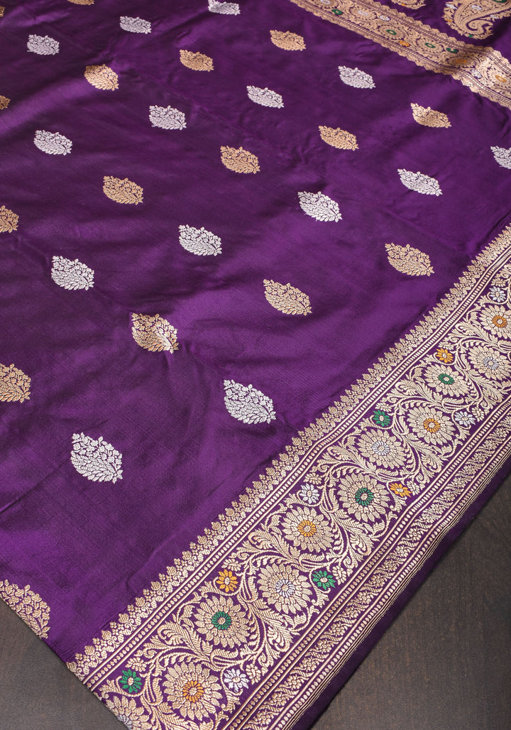 Purple Exquisite Banarasi Katan Silk Saree with Meenakari Border | SILK MARK CERTIFIED