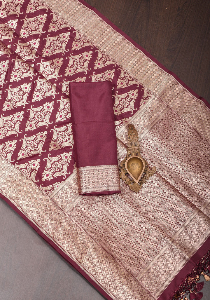 Exquisite Banarasi Katan Silk Saree in Maroon with Damask Buta | SILK MARK CERTIFIED