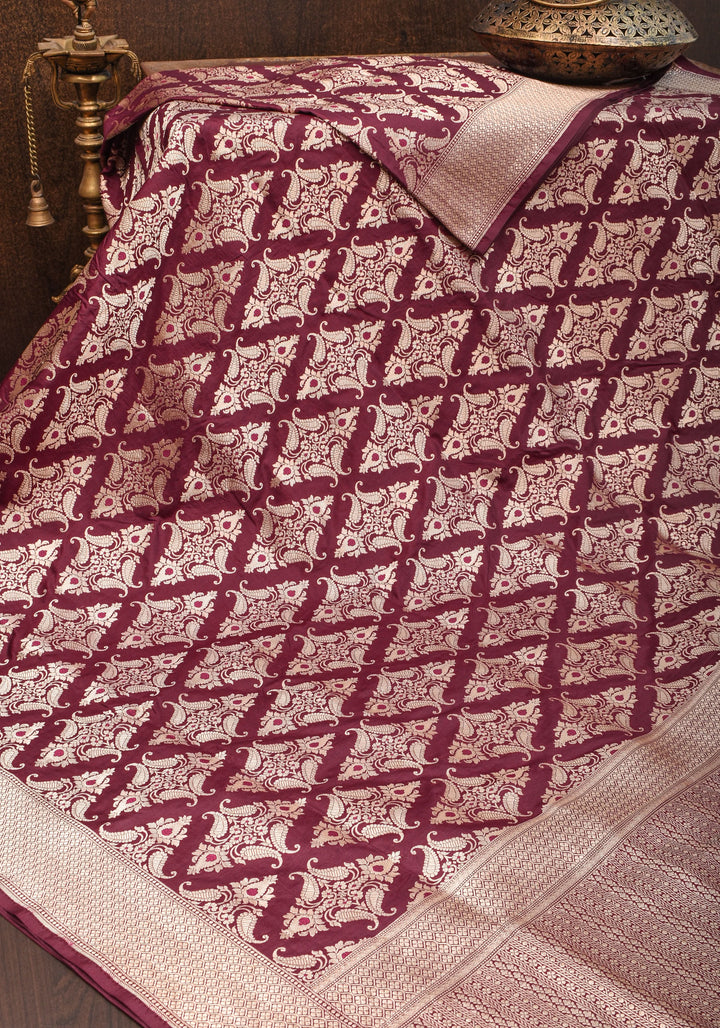 Exquisite Banarasi Katan Silk Saree in Maroon with Damask Buta | SILK MARK CERTIFIED