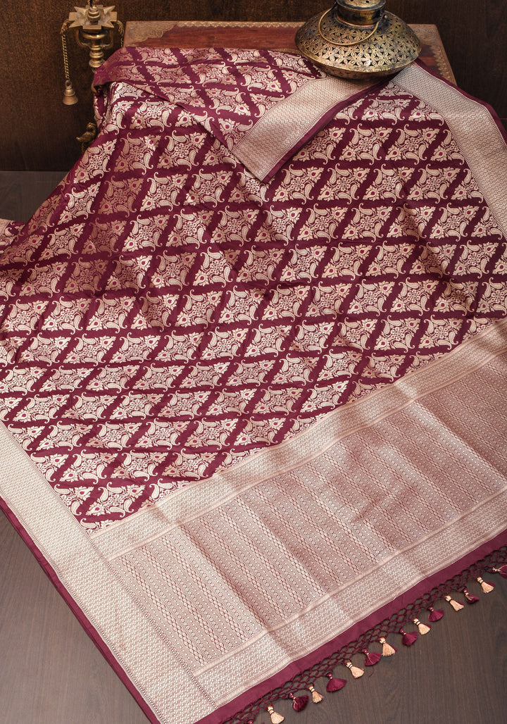 Exquisite Banarasi Katan Silk Saree in Maroon with Damask Buta | SILK MARK CERTIFIED
