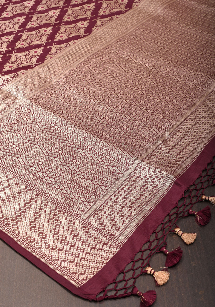 Exquisite Banarasi Katan Silk Saree in Maroon with Damask Buta | SILK MARK CERTIFIED