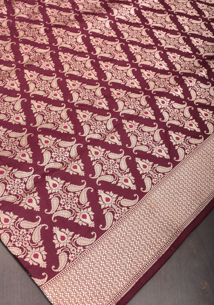 Exquisite Banarasi Katan Silk Saree in Maroon with Damask Buta | SILK MARK CERTIFIED
