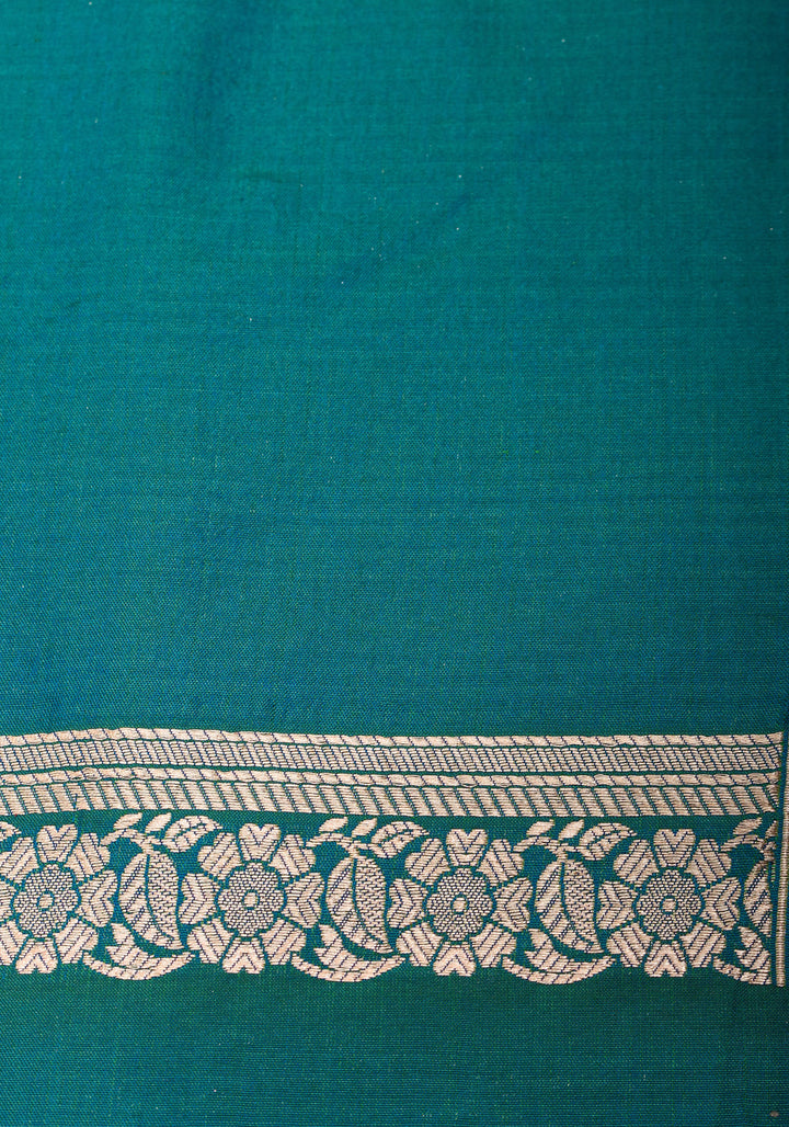 Exquisite Banarasi Katan Silk saree in Peacock Blue Green Dual Tone Florals Alfi in Horizontal stripes  | SILK MARK CERTIFIED