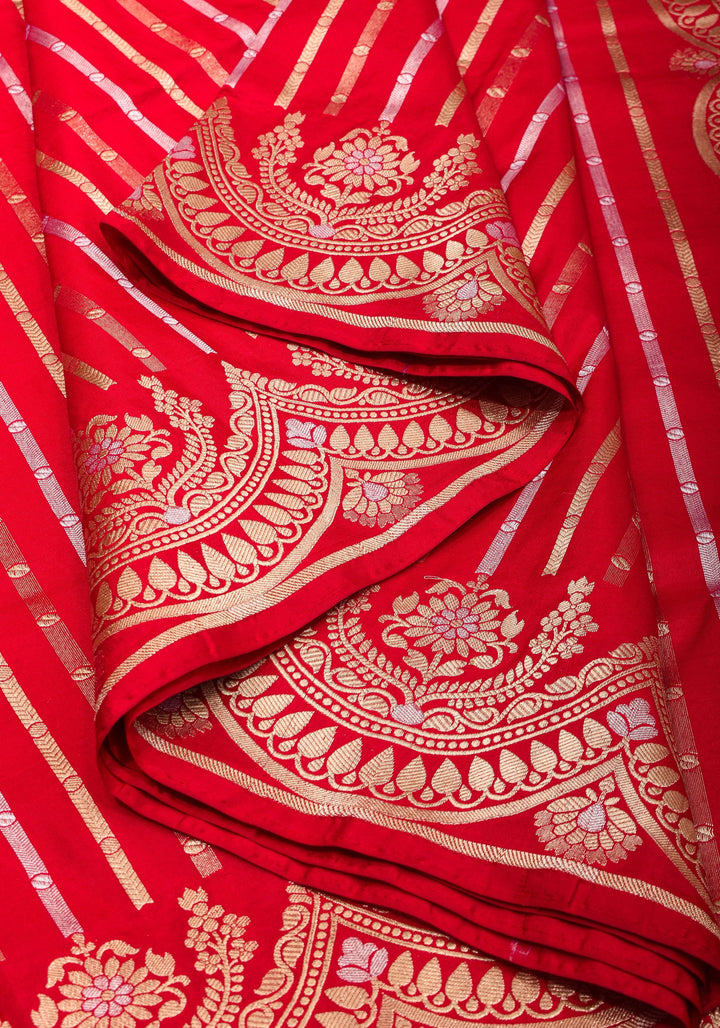 Red Banarasi Katan with Three tone Zari Stripes | SILK MARK CERTIFIED