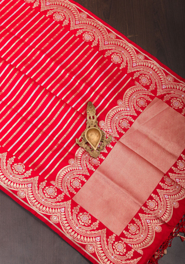 Red Banarasi Katan with Three tone Zari Stripes | SILK MARK CERTIFIED