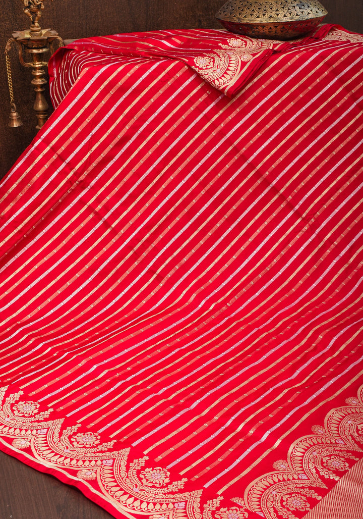 Red Banarasi Katan with Three tone Zari Stripes | SILK MARK CERTIFIED