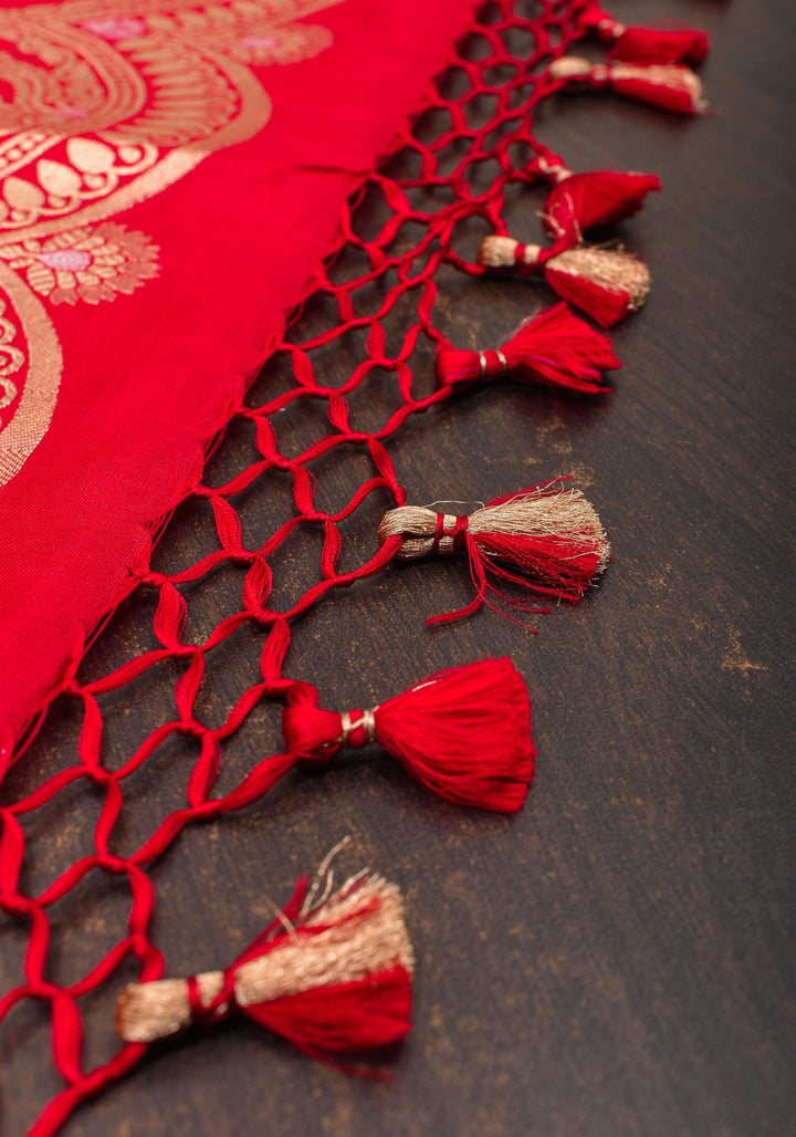 Red Banarasi Katan with Three tone Zari Stripes | SILK MARK CERTIFIED