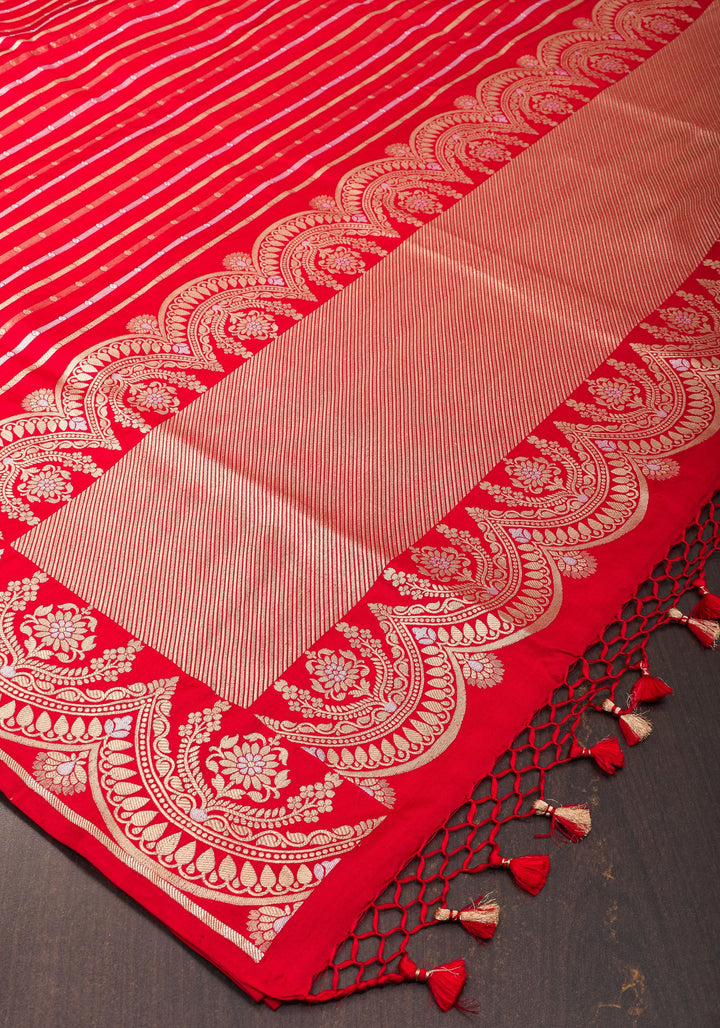 Red Banarasi Katan with Three tone Zari Stripes | SILK MARK CERTIFIED