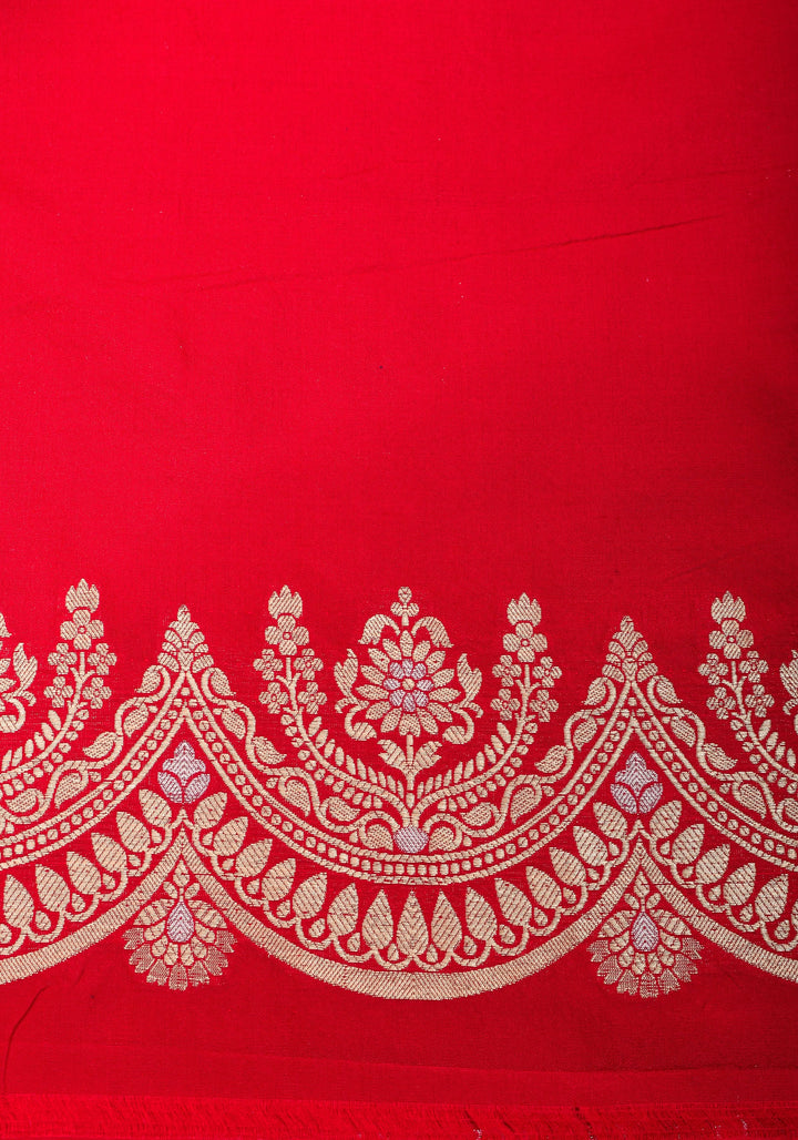 Red Banarasi Katan with Three tone Zari Stripes | SILK MARK CERTIFIED