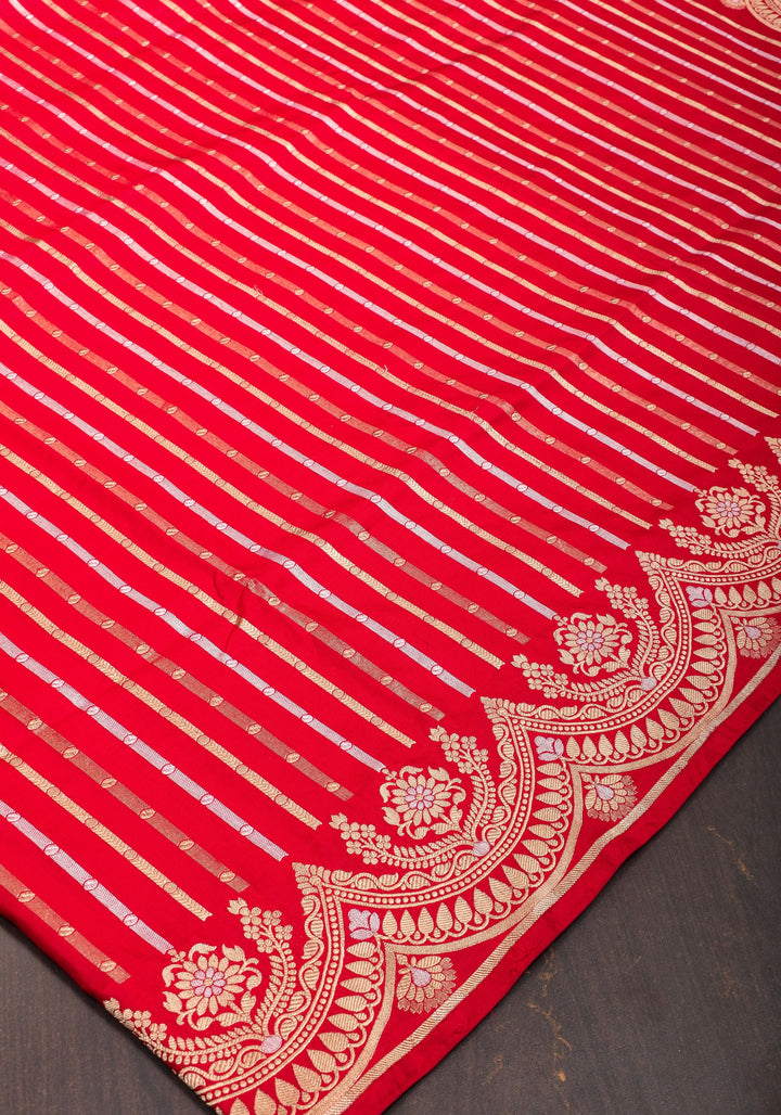 Red Banarasi Katan with Three tone Zari Stripes | SILK MARK CERTIFIED