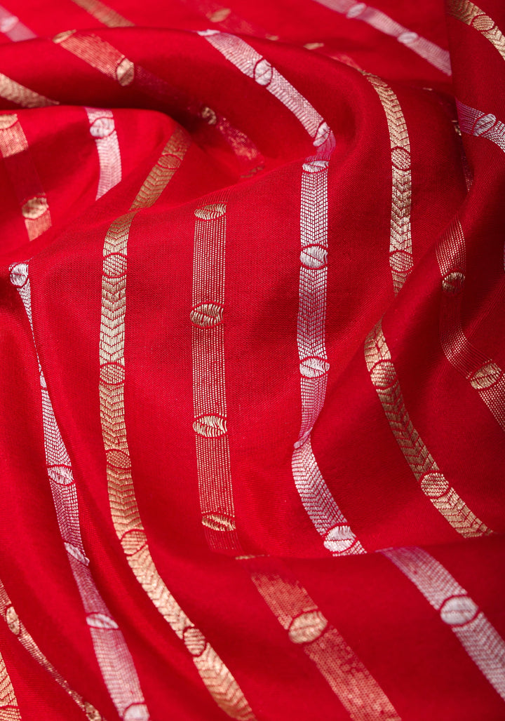 Red Banarasi Katan with Three tone Zari Stripes | SILK MARK CERTIFIED