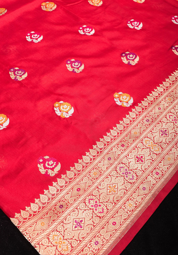 Red Banarasi Pure Katan Silk With Meenakari Floral Motifs and Zari border | SILK MARK CERTIFIED
