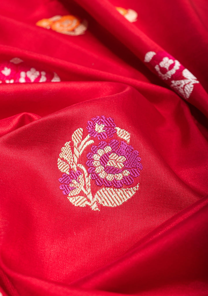 Red Banarasi Pure Katan Silk With Meenakari Floral Motifs and Zari border | SILK MARK CERTIFIED