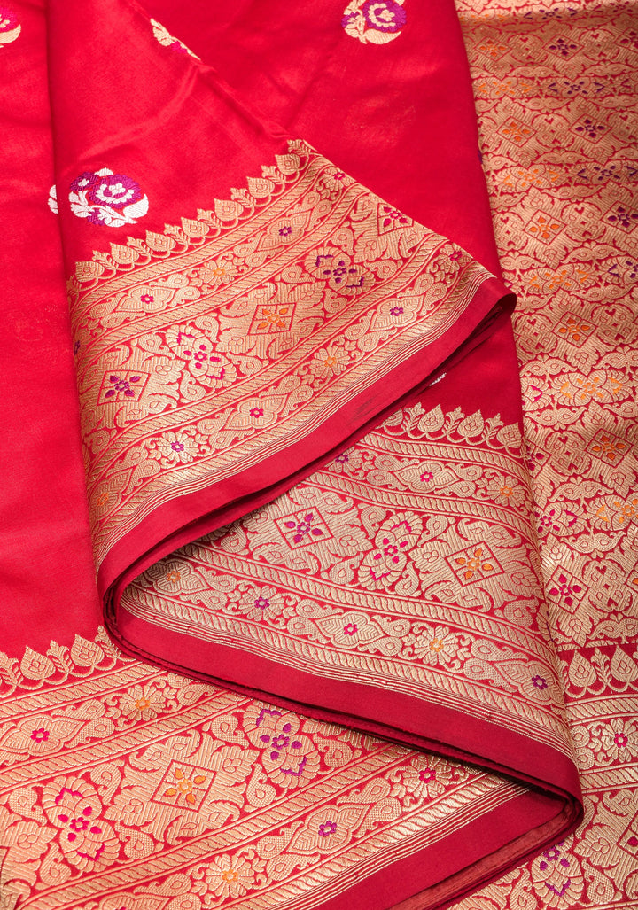 Red Banarasi Pure Katan Silk With Meenakari Floral Motifs and Zari border | SILK MARK CERTIFIED