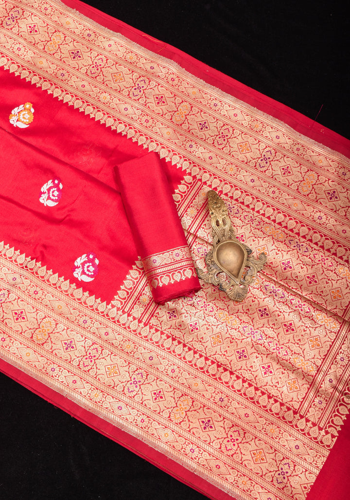 Red Banarasi Pure Katan Silk With Meenakari Floral Motifs and Zari border | SILK MARK CERTIFIED