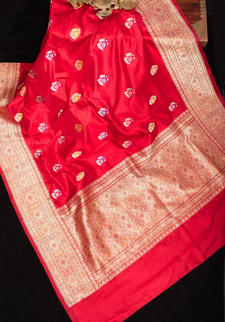 Red Banarasi Pure Katan Silk With Meenakari Floral Motifs and Zari border | SILK MARK CERTIFIED