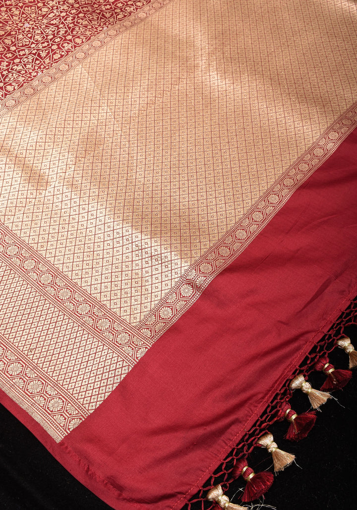 Brick Pure Banarasi Silk Katan Saree with Moroccan trellis design and Alfi buttas  | SILK MARK CERTIFIED