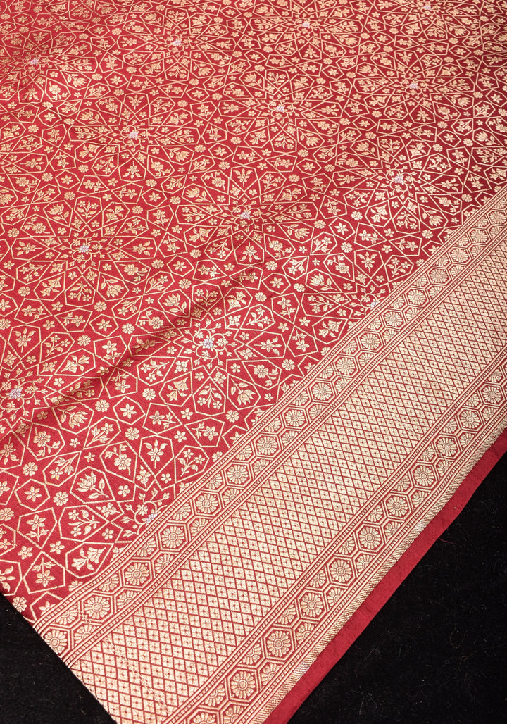 Brick Pure Banarasi Silk Katan Saree with Moroccan trellis design and Alfi buttas  | SILK MARK CERTIFIED