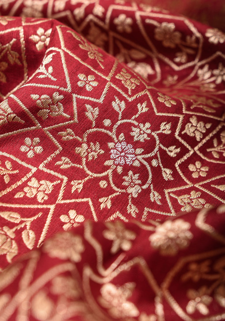 Brick Pure Banarasi Silk Katan Saree with Moroccan trellis design and Alfi buttas  | SILK MARK CERTIFIED