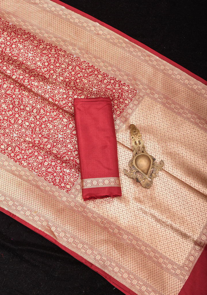 Brick Pure Banarasi Silk Katan Saree with Moroccan trellis design and Alfi buttas  | SILK MARK CERTIFIED